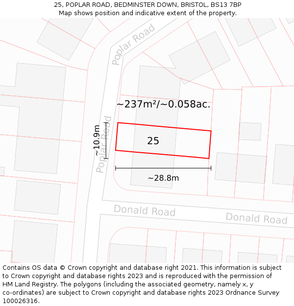 25, POPLAR ROAD, BEDMINSTER DOWN, BRISTOL, BS13 7BP: Plot and title map