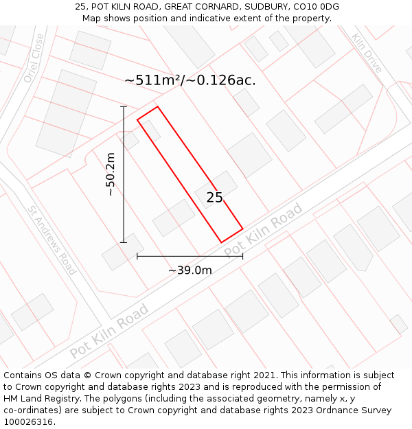 25, POT KILN ROAD, GREAT CORNARD, SUDBURY, CO10 0DG: Plot and title map