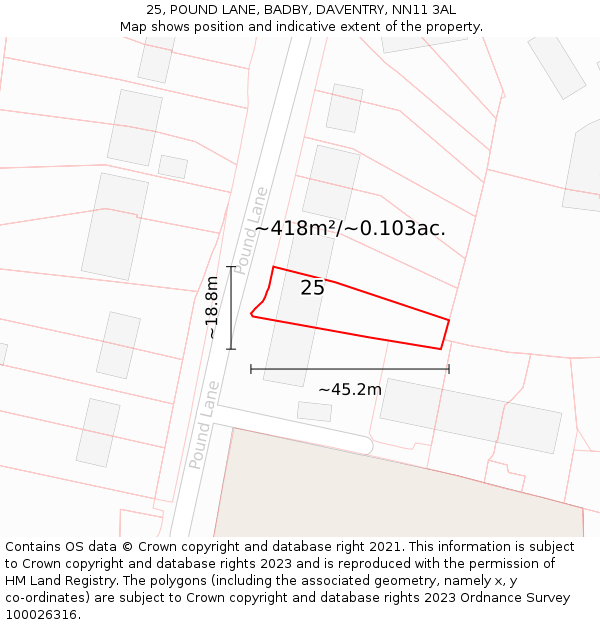 25, POUND LANE, BADBY, DAVENTRY, NN11 3AL: Plot and title map