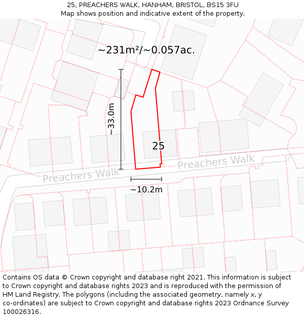25, PREACHERS WALK, HANHAM, BRISTOL, BS15 3FU: Plot and title map