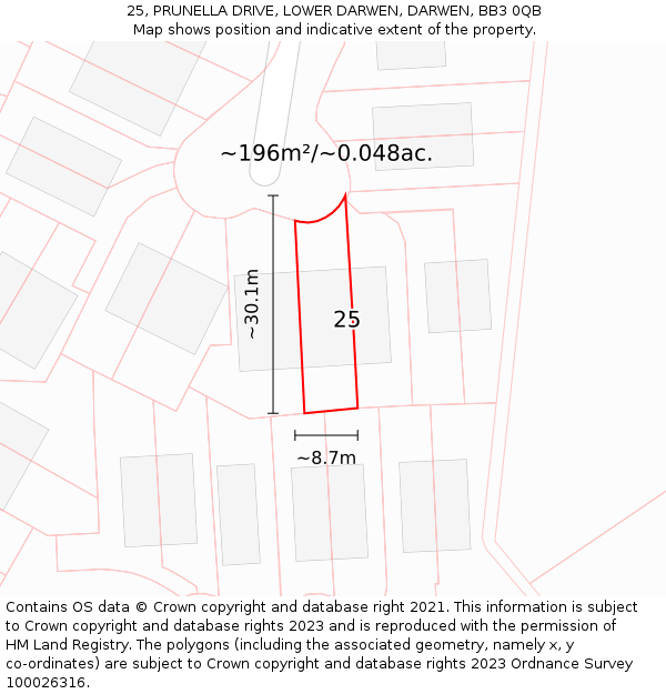 25, PRUNELLA DRIVE, LOWER DARWEN, DARWEN, BB3 0QB: Plot and title map