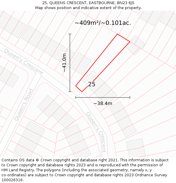 25, QUEENS CRESCENT, EASTBOURNE, BN23 6JS: Plot and title map