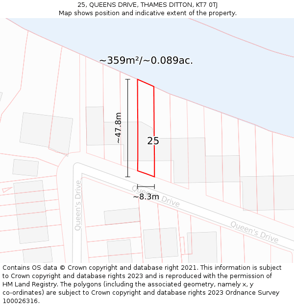 25, QUEENS DRIVE, THAMES DITTON, KT7 0TJ: Plot and title map