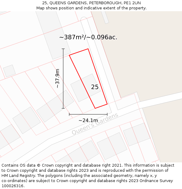 25, QUEENS GARDENS, PETERBOROUGH, PE1 2UN: Plot and title map
