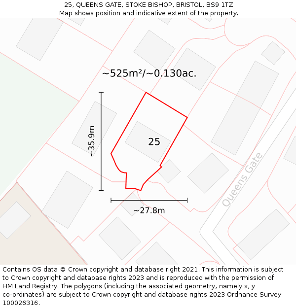 25, QUEENS GATE, STOKE BISHOP, BRISTOL, BS9 1TZ: Plot and title map