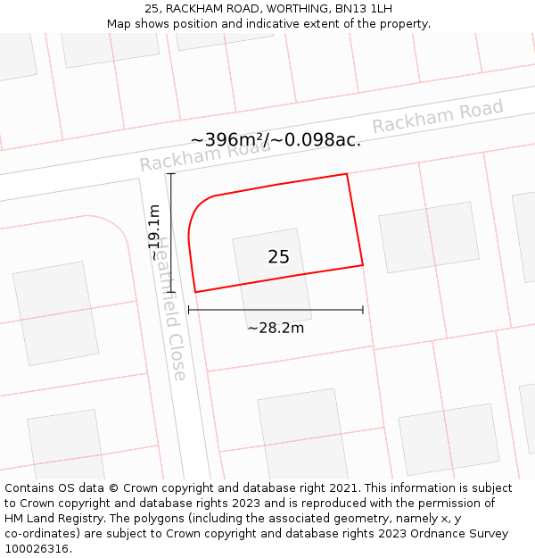25, RACKHAM ROAD, WORTHING, BN13 1LH: Plot and title map