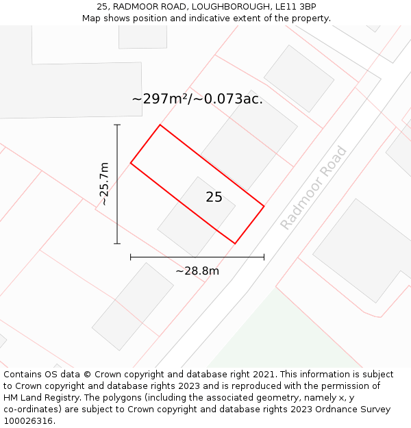 25, RADMOOR ROAD, LOUGHBOROUGH, LE11 3BP: Plot and title map