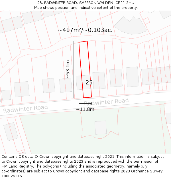 25, RADWINTER ROAD, SAFFRON WALDEN, CB11 3HU: Plot and title map