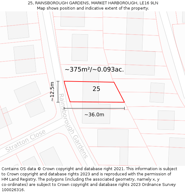 25, RAINSBOROUGH GARDENS, MARKET HARBOROUGH, LE16 9LN: Plot and title map