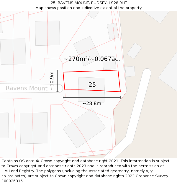 25, RAVENS MOUNT, PUDSEY, LS28 9HT: Plot and title map