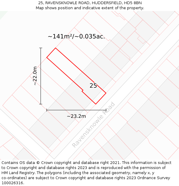 25, RAVENSKNOWLE ROAD, HUDDERSFIELD, HD5 8BN: Plot and title map