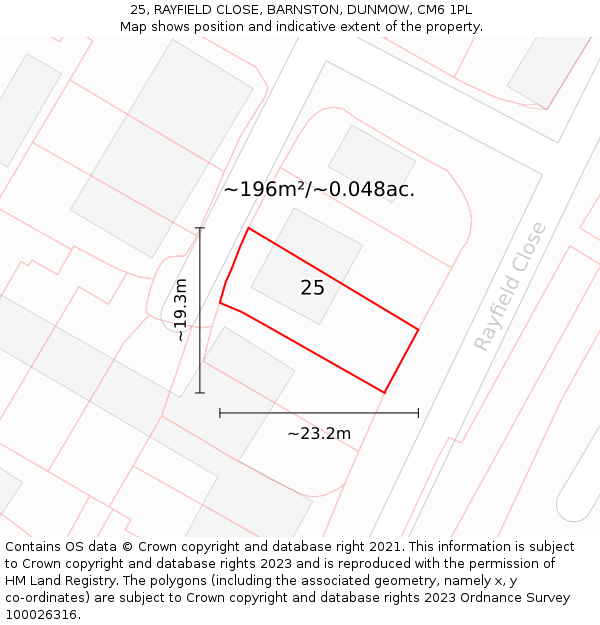 25, RAYFIELD CLOSE, BARNSTON, DUNMOW, CM6 1PL: Plot and title map