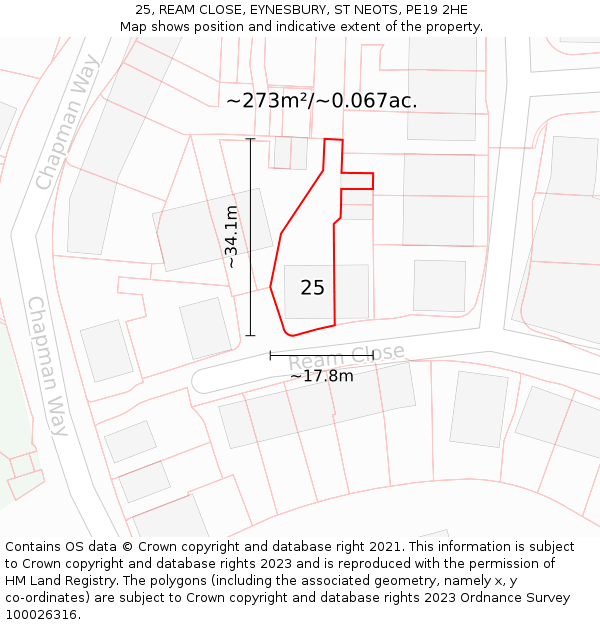 25, REAM CLOSE, EYNESBURY, ST NEOTS, PE19 2HE: Plot and title map