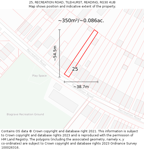25, RECREATION ROAD, TILEHURST, READING, RG30 4UB: Plot and title map