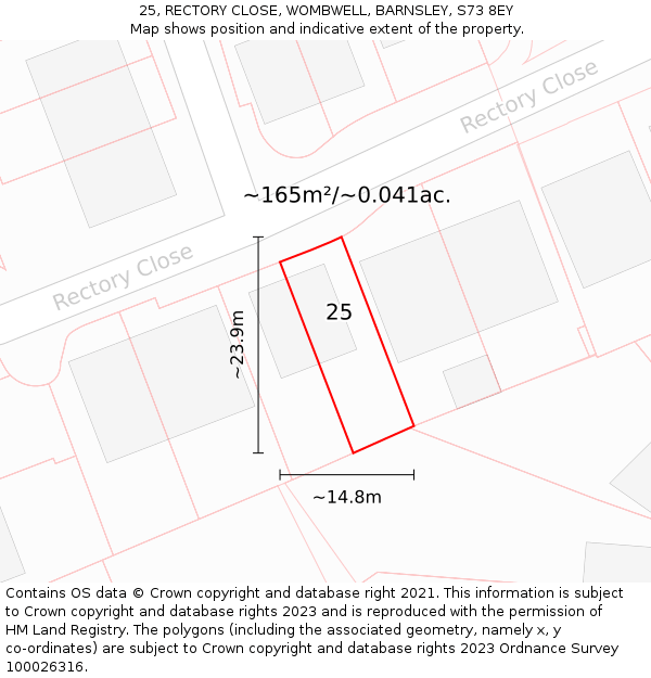 25, RECTORY CLOSE, WOMBWELL, BARNSLEY, S73 8EY: Plot and title map