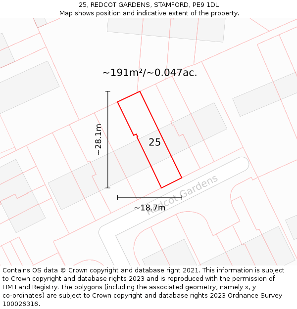 25, REDCOT GARDENS, STAMFORD, PE9 1DL: Plot and title map