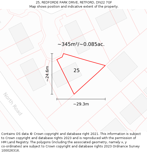 25, REDFORDE PARK DRIVE, RETFORD, DN22 7GF: Plot and title map