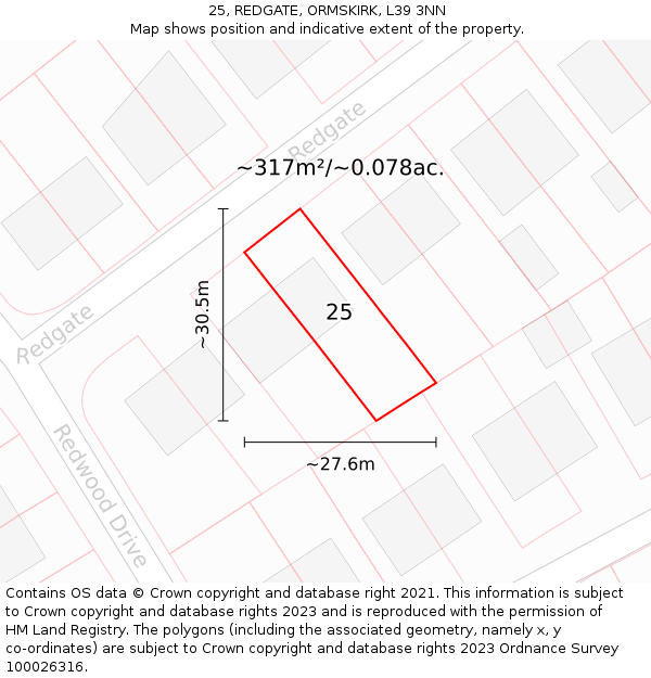 25, REDGATE, ORMSKIRK, L39 3NN: Plot and title map