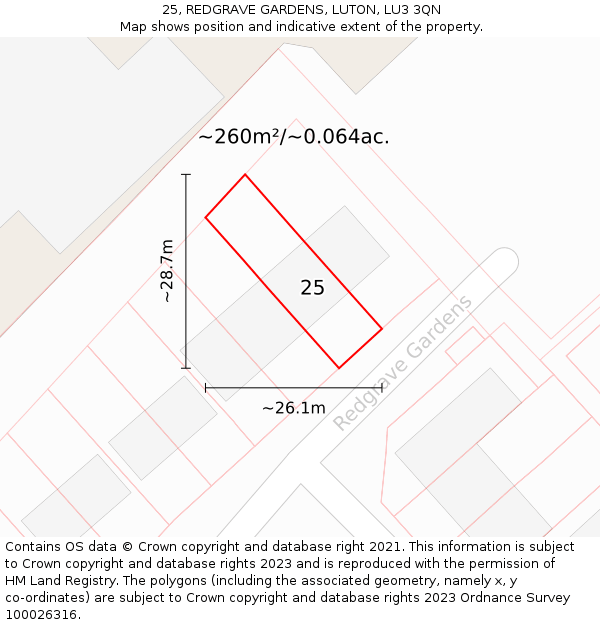 25, REDGRAVE GARDENS, LUTON, LU3 3QN: Plot and title map