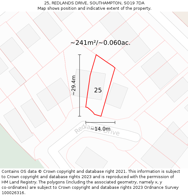 25, REDLANDS DRIVE, SOUTHAMPTON, SO19 7DA: Plot and title map