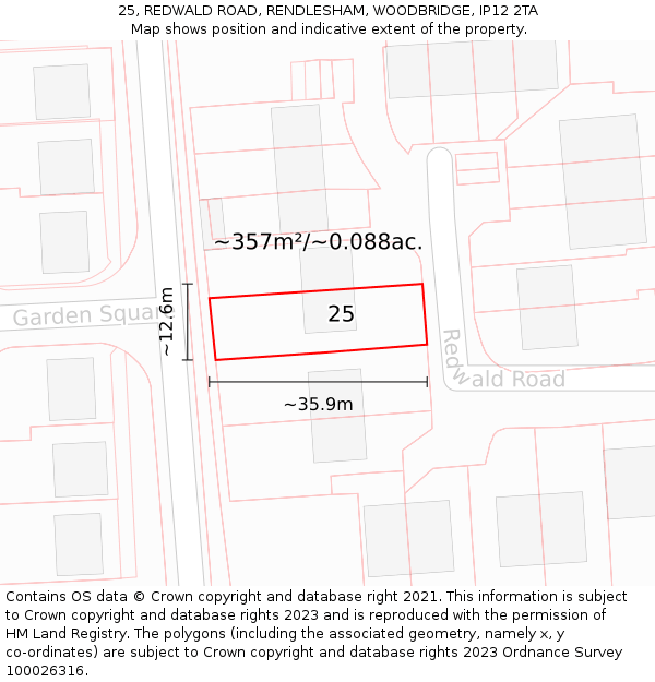 25, REDWALD ROAD, RENDLESHAM, WOODBRIDGE, IP12 2TA: Plot and title map