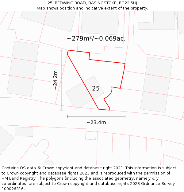 25, REDWING ROAD, BASINGSTOKE, RG22 5UJ: Plot and title map