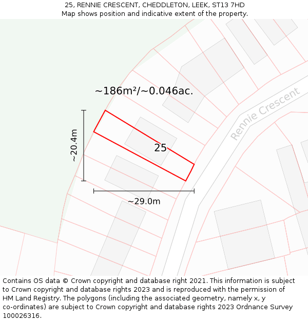 25, RENNIE CRESCENT, CHEDDLETON, LEEK, ST13 7HD: Plot and title map