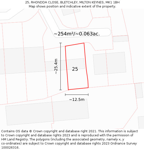 25, RHONDDA CLOSE, BLETCHLEY, MILTON KEYNES, MK1 1BH: Plot and title map