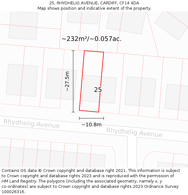 25, RHYDHELIG AVENUE, CARDIFF, CF14 4DA: Plot and title map