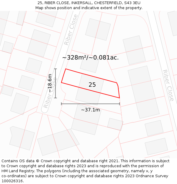 25, RIBER CLOSE, INKERSALL, CHESTERFIELD, S43 3EU: Plot and title map