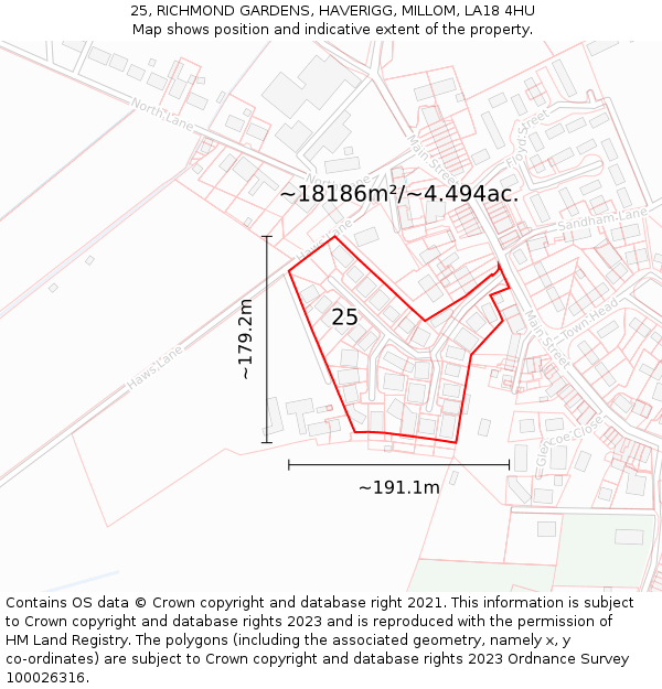 25, RICHMOND GARDENS, HAVERIGG, MILLOM, LA18 4HU: Plot and title map