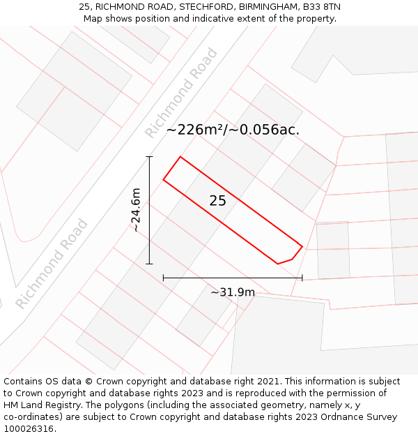 25, RICHMOND ROAD, STECHFORD, BIRMINGHAM, B33 8TN: Plot and title map