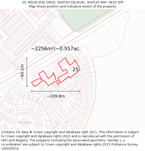 25, RIDGE END DRIVE, SEATON DELAVAL, WHITLEY BAY, NE25 0FR: Plot and title map