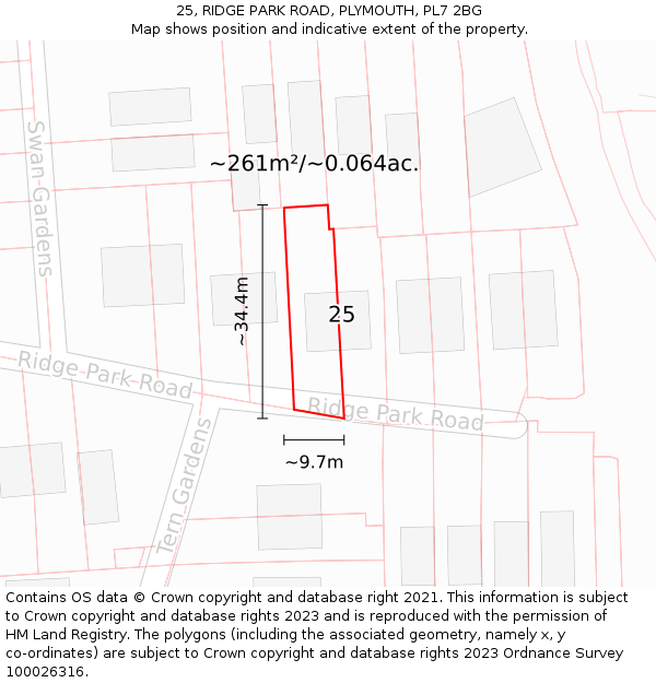 25, RIDGE PARK ROAD, PLYMOUTH, PL7 2BG: Plot and title map
