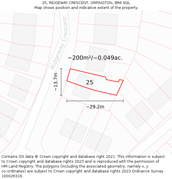 25, RIDGEWAY CRESCENT, ORPINGTON, BR6 9QL: Plot and title map