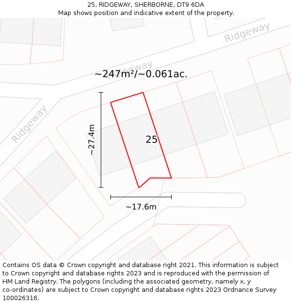25, RIDGEWAY, SHERBORNE, DT9 6DA: Plot and title map