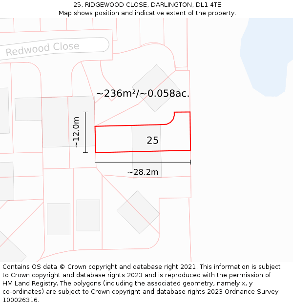 25, RIDGEWOOD CLOSE, DARLINGTON, DL1 4TE: Plot and title map