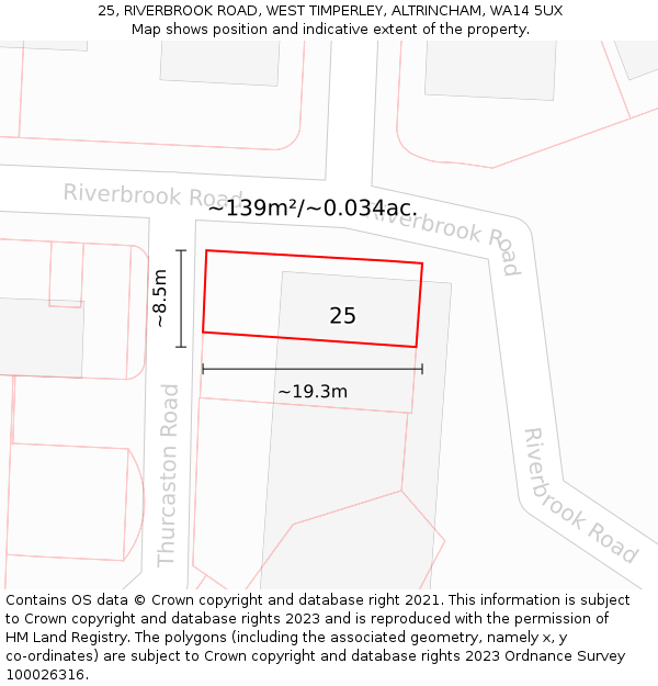 25, RIVERBROOK ROAD, WEST TIMPERLEY, ALTRINCHAM, WA14 5UX: Plot and title map