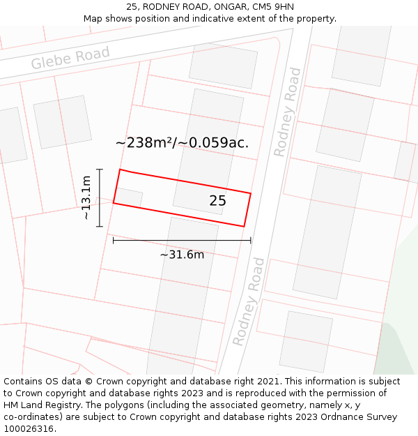 25, RODNEY ROAD, ONGAR, CM5 9HN: Plot and title map