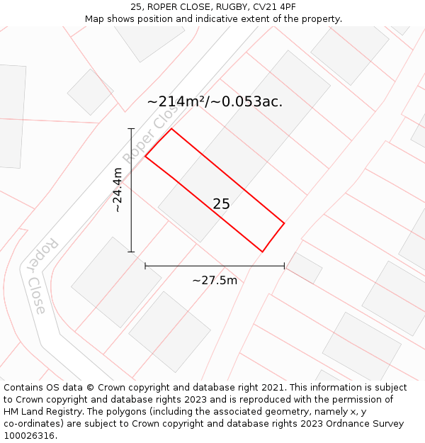 25, ROPER CLOSE, RUGBY, CV21 4PF: Plot and title map