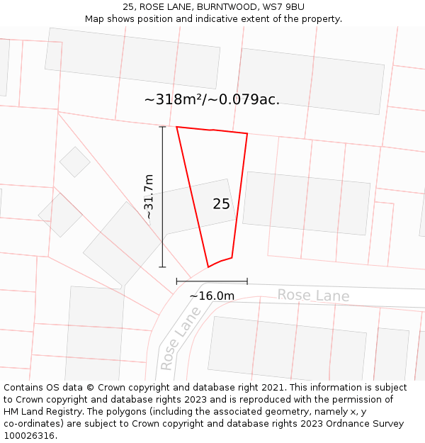 25, ROSE LANE, BURNTWOOD, WS7 9BU: Plot and title map
