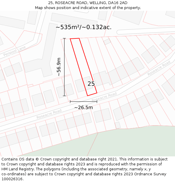 25, ROSEACRE ROAD, WELLING, DA16 2AD: Plot and title map