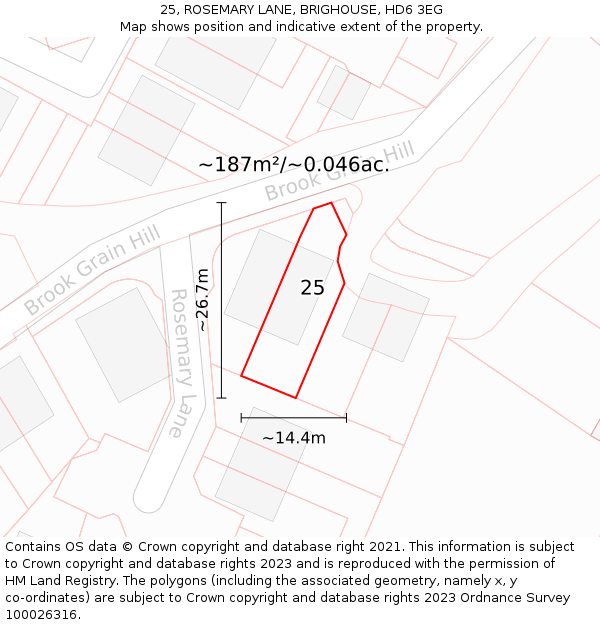 25, ROSEMARY LANE, BRIGHOUSE, HD6 3EG: Plot and title map