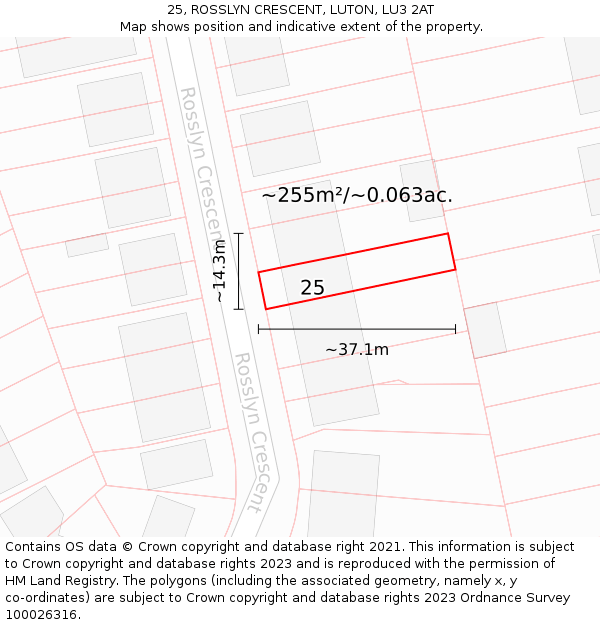25, ROSSLYN CRESCENT, LUTON, LU3 2AT: Plot and title map