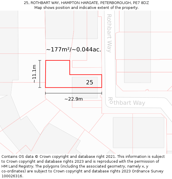 25, ROTHBART WAY, HAMPTON HARGATE, PETERBOROUGH, PE7 8DZ: Plot and title map