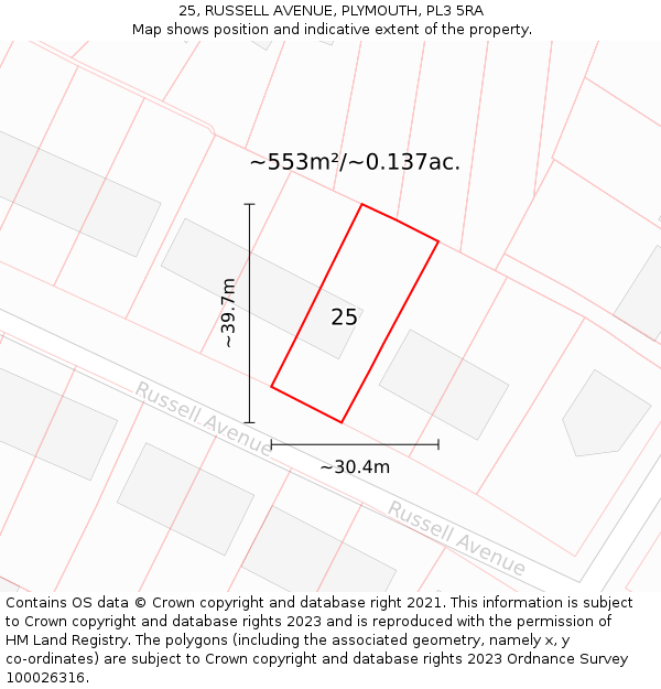 25, RUSSELL AVENUE, PLYMOUTH, PL3 5RA: Plot and title map