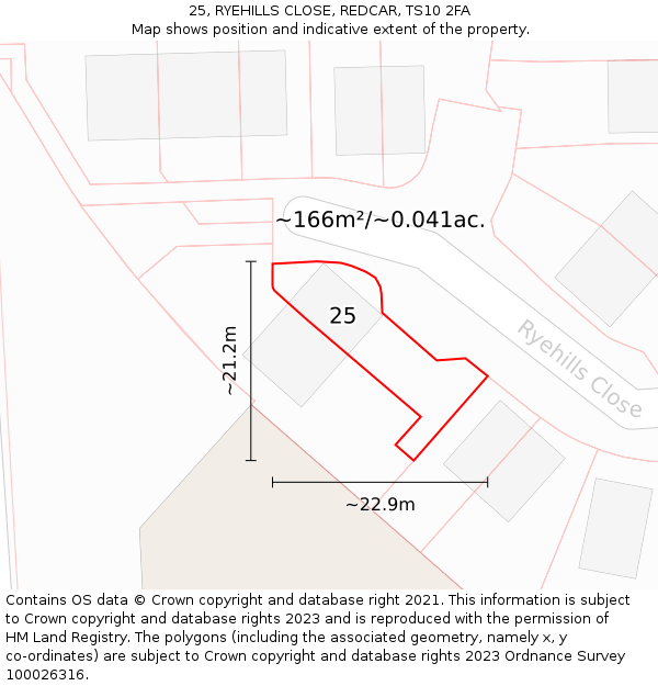 25, RYEHILLS CLOSE, REDCAR, TS10 2FA: Plot and title map