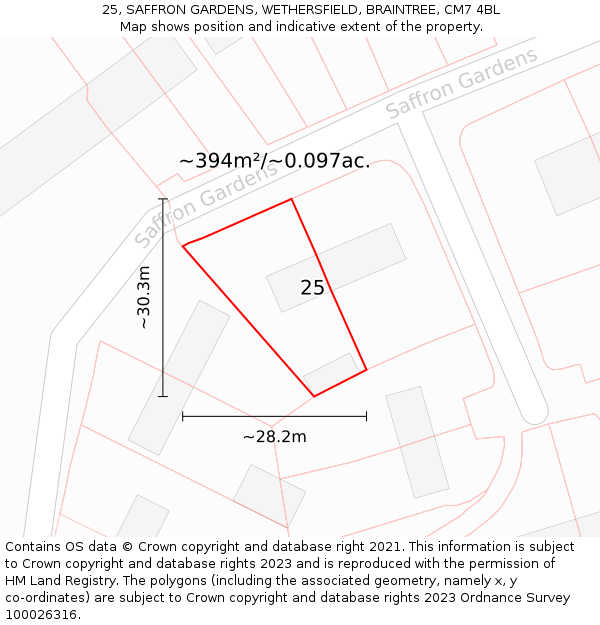 25, SAFFRON GARDENS, WETHERSFIELD, BRAINTREE, CM7 4BL: Plot and title map