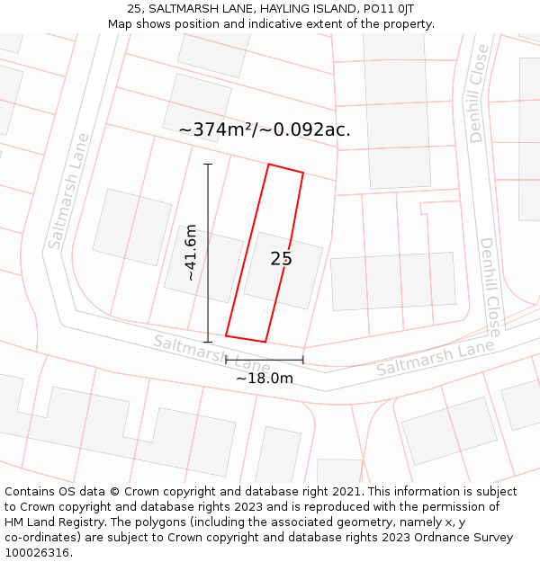 25, SALTMARSH LANE, HAYLING ISLAND, PO11 0JT: Plot and title map