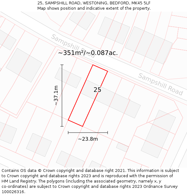 25, SAMPSHILL ROAD, WESTONING, BEDFORD, MK45 5LF: Plot and title map